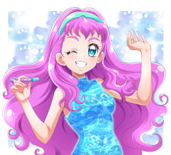 Rule 34 | 1girl, blue dress, blue eyes, blue hairband, breasts, dress, floating hair, grin, hairband, hanzou, highres, holding, laura (precure), long hair, medium breasts, one eye closed, pink hair, precure, sleeveless, sleeveless dress, smile, solo, tropical-rouge! precure, upper body, very long hair
