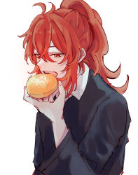 Rule 34 | 1boy, black sweater, collared shirt, commentary, diluc (genshin impact), doughnut, dress shirt, ears visible through hair, eating, english commentary, enpitsu0208, food, genshin impact, high ponytail, highres, holding, holding doughnut, holding food, long sleeves, male focus, open mouth, ponytail, red eyes, red hair, shirt, simple background, solo, sweater, teeth, tsurime, upper teeth only, white background, white shirt, wing collar