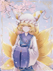 Rule 34 | 1girl, animal hat, blonde hair, cherry blossoms, dated, dress, fox tail, frills, hands in opposite sleeves, hat, highres, hourai kiriri, long sleeves, looking at viewer, mob cap, multiple tails, petals, mob cap, short hair, signature, solo, tabard, tail, touhou, tree, white dress, wide sleeves, yakumo ran, yellow eyes