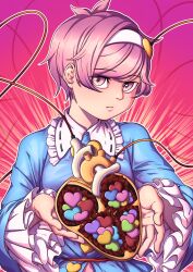 Rule 34 | 1girl, blouse, blue shirt, blush, candy, chocolate, chocolate heart, closed mouth, commentary, emphasis lines, food, frilled shirt collar, frilled sleeves, frills, hair ornament, hairband, heart, heart (organ), heart hair ornament, highres, holding, komeiji satori, long sleeves, looking at viewer, mefomefo, pink eyes, pink hair, ribbon trim, shirt, short hair, solo, touhou, upper body, white hairband, wide sleeves