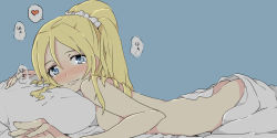 Rule 34 | 10s, 1girl, afterglow, ass, ayase eli, bad id, bad pixiv id, bed, bed sheet, blonde hair, blue eyes, completely nude, happy tears, heart, holding hands, kaika, looking at viewer, love live!, love live! school idol project, lying, naked sheet, nude, on bed, on stomach, pillow, ponytail, pov, pov across bed, smile, spoken heart, tears