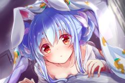 Rule 34 | 1boy, 1girl, alternate costume, animal ear fluff, animal ears, bad id, bad twitter id, bedroom, blanket, blue hair, blush, braid, braided bun, breasts, carrot print, cleavage, collarbone, commentary, dawn, double bun, food print, hair between eyes, hair bun, hair censor, hair over breasts, hair over one breast, highres, hololive, indoors, light blue hair, looking at viewer, lying, lying on person, medium hair, multicolored hair, musical note, nanaume (shichimi tougarashi), off shoulder, on stomach, one breast out, parted lips, pov, rabbit ears, rabbit girl, rabbit tail, red eyes, shirt, sidelocks, sleepwear, small breasts, solo focus, spoken musical note, sunlight, symbol-shaped pupils, tail, thick eyebrows, two-tone hair, under covers, usada pekora, virtual youtuber, waking another, white hair, white shirt, wrist cuffs