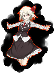 Rule 34 | 1girl, blonde hair, darkness, hair ribbon, jonylaser, long sleeves, necktie, open mouth, outline, outstretched arms, red eyes, ribbon, rumia, shirt, skirt, skirt set, smile, solo, touhou, vest