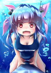 Rule 34 | 10s, 1girl, blue hair, breasts, highres, i-19 (kancolle), kantai collection, large breasts, long hair, one-piece swimsuit, personification, red eyes, riding, school swimsuit, swimsuit, torpedo, tsubasa (abchipika), twintails, underwater