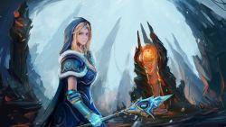 Rule 34 | 1girl, blonde hair, blue cape, blue eyes, blue sky, cape, closed mouth, crystal maiden, dota (series), dota 2, facial mark, forehead, forehead mark, fur collar, gauntlets, highres, holding, holding staff, lips, long hair, looking at viewer, outdoors, sinkme, sky, smile, solo, staff