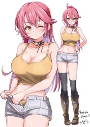 Rule 34 | 1girl, abs, absurdres, blush, boots, breasts, close-up, eiyuu densetsu, highres, large breasts, long hair, looking at viewer, one eye closed, open clothes, open fly, pink hair, pizzasi, sara valestein, sen no kiseki, shorts, simple background, smile, solo, tank top, thighhighs, white background, yellow eyes