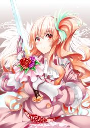 Rule 34 | 1girl, charlotte (sennen sensou aigis), dress, flower, gloves, holding, holding sword, holding weapon, kinsenka, long hair, looking at viewer, pink hair, purple gloves, red eyes, rose, sennen sensou aigis, side ponytail, smile, solo, sword, upper body, weapon
