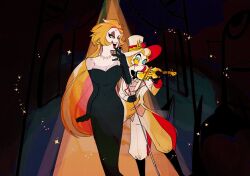 Rule 34 | 1boy, 1girl, black dress, blonde hair, couple, demon boy, demon girl, dress, f19ed814, formal, hazbin hotel, highres, holding, holding instrument, holding violin, husband and wife, instrument, lilith (hazbin hotel), long hair, looking at another, lucifer morningstar (hazbin hotel), suit, very long hair, violin