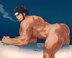 Rule 34 | 1boy, abs, absurdres, all fours, alternate body hair, arm hair, ass, ass hair, back, bara, beard, black hair, cheekbones, chest hair, cigarette, commission, facial hair, feet out of frame, forehead protector, from side, fundoshi, hair slicked back, hairy, highres, japanese clothes, konohagakure symbol, leg hair, loboke, looking at viewer, male focus, mature male, muscular, muscular male, naruto (series), naruto shippuuden, navel, navel hair, pectorals, presenting, sarutobi asuma, second-party source, seductive smile, short hair, signature, smile, smirk, smoke trail, smoking, solo, stomach, strongman waist, thick eyebrows, thick thighs, thighs, topless male, triceps