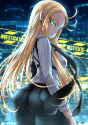 Rule 34 | 1girl, antenna hair, ass, blonde hair, breasts, city, denim, elf, from behind, green eyes, highres, huge ass, jeans, kein hasegawa, large breasts, long hair, looking at viewer, necktie, night, original, pants, pointy ears, shiny clothes, sideboob, skin tight, solo, tight clothes, tight pants, very long hair