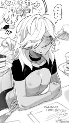 Rule 34 | 3others, androgynous, blush, cake, cake slice, choker, closed eyes, commentary request, cyno (genshin impact), dark-skinned male, dark skin, eating, food, fork, genshin impact, greyscale, hair over one eye, happy birthday, highres, holding, holding fork, holding plate, long hair, monochrome, multiple others, nipples, one eye closed, pectorals, plate, vin rice