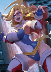 Rule 34 | 1girl, blonde hair, blue eyes, blue gloves, blue sky, boots, breasts, city, commentary, curvy, earrings, elbow gloves, eye mask, fingerless gloves, flying, fujioka yatsufusa, full body, gloves, high heel boots, high heels, highleg, highleg leotard, highres, jewelry, kamen america, kamen america (comic), large breasts, leotard, long hair, looking at viewer, mixed-language commentary, navel, open mouth, outdoors, road, shadow, sky, smile, solo, star (symbol), star earrings, street, thigh boots, thighhighs, very long hair