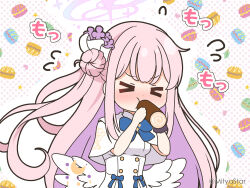 Rule 34 | &gt; &lt;, 1girl, blue archive, blue bow, blush, bow, breasts, cake, capelet, chibi, closed eyes, closed mouth, commentary request, dress, eating, facing viewer, feathered wings, flower, flying sweatdrops, food, hair bun, hair flower, hair ornament, halo, holding, holding food, medium breasts, mika (blue archive), mitya, nose blush, outline, pink hair, polka dot, polka dot background, purple flower, single side bun, solo, swiss roll, twitter username, v-shaped eyebrows, white background, white capelet, white dress, white outline, white wings, wings