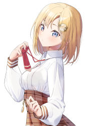 Rule 34 | 1girl, absurdres, adjusting clothes, adjusting necktie, blonde hair, blue eyes, blush, breasts, collared shirt, hair ornament, high-waist skirt, highres, hololive, hololive english, long sleeves, looking at viewer, medium breasts, medium hair, necktie, plaid, plaid skirt, pocket watch, red necktie, shirt, simple background, skirt, solo, syhan, virtual youtuber, watch, watson amelia, watson amelia (1st costume), white shirt