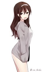 Rule 34 | 10s, 1girl, :d, alternate costume, ashigara (kancolle), bottomless, brown eyes, brown hair, cowboy shot, fang, from side, hair between eyes, hairband, hand in pocket, hood, hooded jacket, hoodie, ica, jacket, kantai collection, long hair, no pants, open mouth, simple background, smile, solo, twitter username, white background