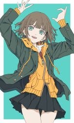 Rule 34 | 1girl, :d, aqua background, arms up, black skirt, blazer, bob cut, brown hair, collarbone, collared shirt, commentary request, cowboy shot, green eyes, green jacket, haku geroda, head tilt, highres, hood, hood down, hoodie, inset border, jacket, long sleeves, looking at viewer, miniskirt, mole, mole on cheek, necktie, open clothes, open collar, open jacket, open mouth, original, pleated skirt, red necktie, shirt, short hair, simple background, skirt, smile, solo, teeth, thick eyelashes, thigh gap, thighs, two-tone background, upper teeth only, white shirt, yellow hoodie, zipper, zipper pull tab