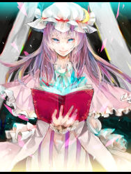 Rule 34 | 1girl, blue eyes, book, capelet, crescent, female focus, frea, frills, hat, highres, long hair, long sleeves, patchouli knowledge, purple hair, smile, solo, touhou