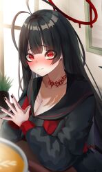 Rule 34 | 1girl, absurdres, antenna hair, bags under eyes, black hair, black serafuku, blue archive, blush, breasts, cheru blac, cleavage, coffee, collarbone, fingernails, halo, highres, indoors, large breasts, latte art, long hair, long sleeves, looking at viewer, melting halo, nail polish, neckerchief, own hands together, red eyes, red halo, red neckerchief, school uniform, serafuku, sitting, solo, steam, straight hair, tsurugi (blue archive), very long hair