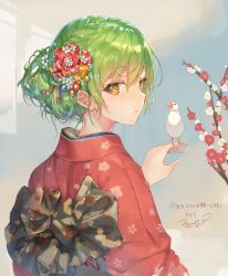 Rule 34 | 1girl, 2017, artist name, bird, bird on hand, branch, brown eyes, dated, floral print, flower, from behind, green hair, hair between eyes, hair ornament, hair up, highres, japanese clothes, kanzashi, kimono, kotoyoro, looking back, momoko (momopoco), new year, obi, original, parted lips, profile, sash, signature, solo, translation request, upper body