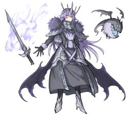 Rule 34 | 1girl, absurdres, armor, black dress, black gloves, blue eyes, capelet, closed mouth, crown, demon wings, dress, fire, floating, floating object, floating weapon, fur trim, gloves, grey capelet, grey scarf, high heels, highres, kankan33333, long hair, low wings, monster, open mouth, original, purple fire, purple hair, scarf, simple background, sketch, slit pupils, sword, weapon, white background, wings, yellow eyes