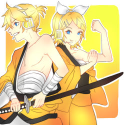 Rule 34 | 00s, 1boy, 1girl, absurdres, blonde hair, blue eyes, bow, brother and sister, collarbone, grin, hair bow, hairband, hazu kichi0827, headphones, headset, highres, holding, holding sheath, holding sword, holding weapon, japanese clothes, kagamine len, kagamine rin, katana, kimono, looking at viewer, microphone, parted bangs, sarashi, sheath, sheathed, short hair, siblings, smile, standing, sword, twins, vocaloid, weapon, white bow, white hairband, yellow kimono