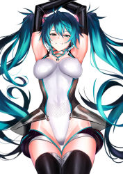 Rule 34 | 1girl, absurdres, ahoge, aqua eyes, aqua hair, armpits, arms up, bare shoulders, blush, boots, breasts, choker, covered erect nipples, covered navel, elbow gloves, gloves, grin, groin, hatsune miku, headphones, highleg, highleg leotard, highres, impossible clothes, impossible leotard, leotard, long hair, looking at viewer, medium breasts, race queen, racing miku, racing miku (2011), see-through, sidelocks, sleeveless, smile, solo, thigh boots, thigh gap, thighhighs, twintails, ulrich (tagaragakuin), very long hair, vocaloid