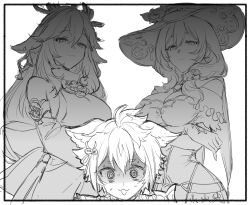 Rule 34 | 1boy, 2girls, @ @, animal ears, bare shoulders, border, breasts, cleavage, closed mouth, detached sleeves, earrings, flower, fox ears, fox girl, genshin impact, gorou (genshin impact), greyscale, hair between eyes, hair flower, hair ornament, hat, japanese clothes, jewelry, large breasts, lisa (genshin impact), long hair, miko, monochrome, multiple girls, rose, sbs, shaded face, simple background, sketch, sweat, witch hat, yae miko