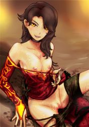 Rule 34 | 1girl, bare shoulders, bed, black hair, breasts, cinder fall, dress, earrings, female focus, jewelry, long hair, looking at viewer, nail polish, nipples, open clothes, orange eyes, pussy, red dress, rwby, saliva, sitting, smile, solo, spread legs, sweat, tired, uncensored, undressing, wet, yellow eyes