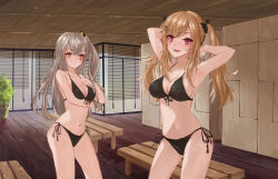 Rule 34 | absurdres, armpits, arms up, bikini, black bikini, bow, breast hold, breasts, bright pupils, brown eyes, brown hair, cleavage, closed mouth, contrapposto, front-tie bikini top, front-tie top, girls&#039; frontline, hair bow, hair ornament, hairclip, halterneck, hehehehehe, highres, indoors, large breasts, long hair, navel, one side up, pink eyes, scar, siblings, side-tie bikini bottom, sidelocks, sisters, smile, standing, swimsuit, twins, ump45 (girls&#039; frontline), ump9 (girls&#039; frontline)