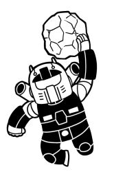 Rule 34 | arm up, bkub, boulder, cannon, clenched hand, full body, greyscale, guncannon, gundam, holding, looking at viewer, mecha, midair, mobile suit, monochrome, no humans, robot, rock, simple background, white background