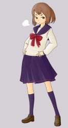 Rule 34 | 1girl, blue sailor collar, blue socks, bow, bowtie, breath, brown hair, full body, grey background, hands on own hips, kneehighs, legs apart, loafers, long sleeves, neckerchief, original, ponytail, red bow, red bowtie, sailor collar, school uniform, serafuku, shirt, shoes, simple background, socks, solo, standing, white shirt