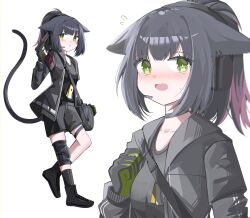 Rule 34 | 1girl, absurdres, animal ears, arknights, black choker, black footwear, black gloves, black hair, black jacket, black shirt, black shorts, black socks, blush, boots, breasts, cat ears, cat girl, cat tail, choker, commentary request, cross-laced footwear, ear piercing, ear protection, flying sweatdrops, gloves, green eyes, green gloves, gun, handgun, headset, highres, holding, holding gun, holding weapon, jacket, jessica (arknights), lace-up boots, long sleeves, medium breasts, multicolored hair, multiple views, nose blush, open clothes, open jacket, open mouth, piercing, pink hair, ponytail, puffy long sleeves, puffy sleeves, shirt, shorts, simple background, socks, spam (spamham4506), tail, tears, two-tone hair, weapon, white background
