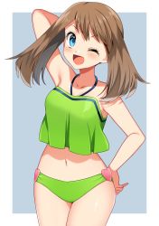 Rule 34 | 1girl, ;d, absurdres, arm behind head, bad id, bad pixiv id, bikini, blue eyes, breasts, brown hair, collarbone, commentary request, creatures (company), eyelashes, game freak, green bikini, heart, highres, long hair, looking at viewer, may (pokemon), medium breasts, navel, nintendo, one eye closed, open mouth, pokemon, pokemon (anime), pokemon rs020, pokemon rse (anime), shiny skin, smile, solo, swimsuit, tankini, tongue, yuihico