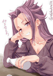 Rule 34 | 1girl, alcohol, alternate costume, blush, breasts, closed mouth, ebifurya, highres, jun&#039;you (kancolle), kantai collection, large breasts, long hair, long sleeves, looking at viewer, one-hour drawing challenge, purple eyes, purple hair, purple sweater, simple background, smile, solo, spiked hair, sweater, translation request, twitter username, white background