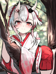 Rule 34 | 1girl, absurdres, black skirt, blush, climbing tree, closed mouth, commentary request, detached sleeves, double-parted bangs, double bun, gradient hair, grey hair, hair bun, hairband, hakama, hakama short skirt, hakama skirt, highres, hololive, horns, japanese clothes, lolita hairband, looking at viewer, miko, multicolored hair, nakiri ayame, nakiri ayame (shrine maiden), official alternate costume, on tree, outdoors, red eyes, red hair, red hakama, red skirt, short hair, sidelocks, skin-covered horns, skirt, smile, solo, streaked hair, tazrn1, two side up, virtual youtuber, wide sleeves