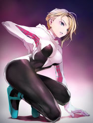 Rule 34 | 1girl, animification, blonde hair, blue eyes, bodysuit, breasts, commentary request, from side, gradient background, gwen stacy, hand up, highres, hood, hood down, hooded bodysuit, kneeling, marvel, medium breasts, purple background, short hair, solo, spider-gwen, spider-man: into the spider-verse, spider-man (series), spider-verse, superhero costume, taishi (picchiridou)