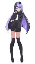 Rule 34 | 1girl, black footwear, black hair, black hairband, black jacket, black scarf, black skirt, blue hair, blunt ends, boots, carron (waccha primagi!), closed mouth, commentary request, dolldolldd, full body, hair ornament, hairband, hand up, highres, jacket, knee boots, korean commentary, long hair, long sleeves, looking at viewer, multicolored hair, open clothes, open jacket, pantyhose, pencil skirt, pretty series, purple eyes, purple hair, rabbit hair ornament, scarf, simple background, skirt, smile, solo, standing, very long hair, waccha primagi!, white background