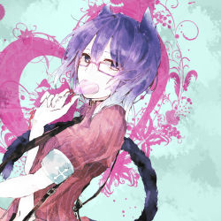 Rule 34 | 1girl, animal ears, asama shiko, candy, cat ears, cat tail, collar, food, glasses, gradient background, heart, highres, leaning back, lollipop, looking at viewer, original, pink-framed eyewear, purple eyes, purple hair, short sleeves, sidelocks, sketch, solo, tail, two-tone background, upper body