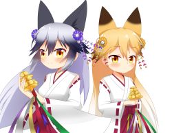 Rule 34 | 10s, 2girls, animal ear fluff, animal ears, bell, black hair, blonde hair, blush, brown eyes, brown flower, closed mouth, commentary request, ezo red fox (kemono friends), flower, fox ears, gradient hair, hair between eyes, hair flower, hair ornament, hakama, hakama skirt, highres, japanese clothes, jingle bell, kagura suzu, kemono friends, kemono friends festival, kimono, long sleeves, miko, multicolored hair, multiple girls, purple flower, red hakama, ribbon-trimmed sleeves, ribbon trim, shin01571, short kimono, silver fox (kemono friends), silver hair, simple background, skirt, smile, white background, white kimono, wide sleeves