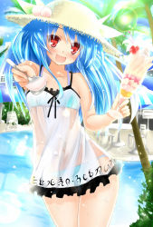 Rule 34 | 1girl, :d, bikini, bikini under clothes, blue hair, feet, female focus, food, food on face, hat, highres, hinanawi tenshi, imachi (staccato squirrel), long hair, looking at viewer, open mouth, parfait, pool, pov, red eyes, see-through, smile, solo, swimsuit, swimsuit under clothes, touhou, wet, wet clothes
