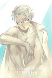Rule 34 | 1boy, blue eyes, blue theme, character name, coat, copyright name, english text, facial hair, glasses, gray-witch hai miko, iceberg (scp), lab coat, lips, male focus, monochrome, naked coat, nude, scp foundation, solo, white hair, wink