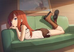 Rule 34 | 1girl, absurdres, bare arms, bare shoulders, black shorts, blue eyes, boots, brown footwear, check copyright, closed mouth, copyright request, couch, highres, indoors, long hair, lying, on couch, on stomach, original, painting (object), red hair, shirt, short shorts, shorts, sleepy frippy, smile, solo, the pose, white shirt