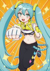 Rule 34 | 1girl, aiming, aiming at viewer, aqua eyes, aqua hair, aqua nails, black pants, bra, clenched hands, commentary, cropped jacket, dot nose, drawstring, emphasis lines, fangs, fiery pupils, fingerless gloves, fitness boxing, foreshortening, gloves, groin, hatsune miku, highres, hood, hooded jacket, incoming attack, jacket, lanyard, leg up, long hair, looking at viewer, midriff, mokyuren, navel, open mouth, orange background, pants, punching, shoes, smile, sneakers, solo, sparkling aura, sports bra, standing, standing on one leg, symbol-shaped pupils, track pants, twintails, underwear, upper body, v-shaped eyebrows, very long hair, vocaloid, white bra, white gloves, yellow jacket, zipper, zipper pull tab