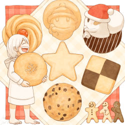 Rule 34 | 1girl, 1other, bandaid, barefoot, blush, christmas, closed eyes, cookie, dated, food, ghost, holding, holding cookie, holding food, hood, hoodie, kohei nakaya, long hoodie, long sleeves, open mouth, original, oversized food, oversized object, profile, short hair, signature, smile, standing, white hair, white hoodie