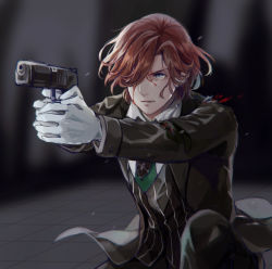 Rule 34 | 1boy, aiming, black jacket, black pants, black vest, blood, blood on face, blurry, blurry background, brown hair, collared shirt, finger on trigger, gloves, green necktie, grey eyes, gun, hair over one eye, holding, holding gun, holding weapon, jacket, kotobuki reiji, looking ahead, male focus, necktie, on one knee, open clothes, open jacket, pants, scowl, shirt, short hair, striped clothes, striped vest, torn clothes, two-handed, upper body, uta no prince-sama, v-shaped eyebrows, vertical-striped clothes, vertical-striped vest, vest, weapon, white gloves, white shirt, xue ezi