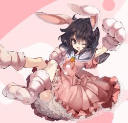 Rule 34 | 1girl, ;d, animal ears, animal hands, black hair, carrot, carrot necklace, cis (carcharias), dress, frilled skirt, frills, full body, gloves, inaba tewi, jewelry, looking at viewer, necklace, one eye closed, open mouth, paw gloves, paw shoes, pink background, pink dress, pom pom (cheerleading), puffy sleeves, rabbit ears, ribbon, shoes, short hair, short sleeves, simple background, skirt, smile, solo, touhou