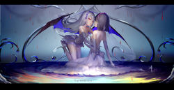 Rule 34 | 10s, 2girls, amano akari, arm around waist, arm at side, backless dress, backless outfit, bare shoulders, bat wings, black hair, blood, blue hairband, blue wings, boots, breasts, circle skirt, collarbone, commentary request, dress, elbow gloves, english text, eye contact, floating hair, flower, gloves, green eyes, grey dress, grey footwear, grey gloves, grey hair, hair flower, hair ornament, hairband, hand on another&#039;s head, high heel boots, high heels, highres, hug, kneeling, letterboxed, long hair, looking at another, multiple girls, parted lips, partial commentary, pink eyes, pink hairband, rain, short hair, sideboob, sidelocks, sitting, small breasts, sophie twilight, thigh boots, thighhighs, tonari no kyuuketsuki-san, veil, wangchuan de quanyan, water, wings