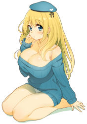 Rule 34 | 10s, 1girl, alternate costume, atago (kancolle), bad id, beret, blonde hair, blue eyes, blush, breasts, cleavage, full body, hand to head, hat, kantai collection, large breasts, long hair, long sleeves, looking at viewer, no pants, original, panties, ribbed sweater, seiza, simple background, sitting, solo, sweater, underwear, white background, white panties, zpolice