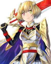 Rule 34 | 1girl, absurdres, armor, bad id, bad pixiv id, blonde hair, breastplate, cape, charlotte (shironeko project), cowboy shot, faulds, gauntlets, green eyes, heterochromia, highres, ituka (turbo 510ry), looking at viewer, red eyes, shironeko project, short hair, shoulder armor, simple background, smile, solo, pauldrons, sword, weapon, white background