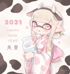 Rule 34 | 1girl, 2021, :q, animal ears, animal print, artist name, back bow, blunt ends, bottle, bow, chinese zodiac, closed mouth, commentary, cow ears, cow horns, cow print, english text, fake animal ears, fake horns, hair ornament, hairpin, happy new year, heart, highres, holding, holding bottle, horns, inkling, inkling girl, inkling player character, japanese clothes, kimono, long hair, long sleeves, looking at viewer, mask, milk, milk bottle, new year, nintendo, pink eyes, pink kimono, pink sash, pioxpioo, pointing, print kimono, sash, signature, silver hair, smile, solo, standing, symbol-only commentary, tongue, tongue out, wide sleeves, year of the ox